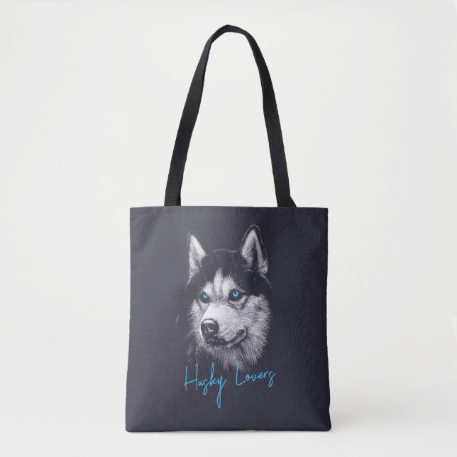 Tote Bag Tête de portrait Husky sibérien aux yeux bleus (Devant)