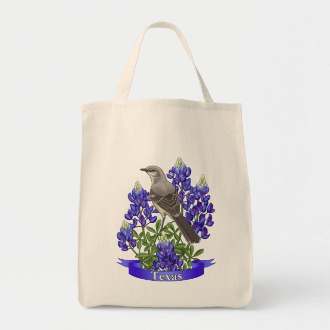 Tote Bag Texas State Mockingbird & Bluebonnet Flower (Devant)