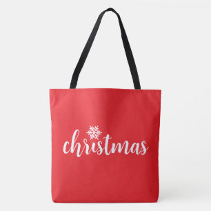 Tote Bag Texte de NOËL élégant flocon de neige sur fond rou