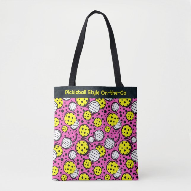 Tote Bag Texte personnalisé boules de pickleball jaune rose (Devant)