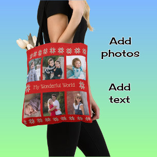 Tote Bag Texte personnalisé six photos fleurs d'hiver rouge