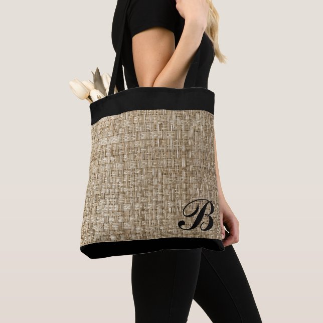 Tote Bag Texture de tissage rustique Motif Chic noir Monogr (De près)
