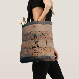 Tote Bag Texture en bois rustique et monogramme de cerfs su