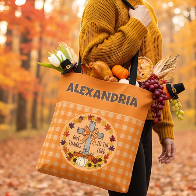 Tote Bag Thanksgiving Give Thanks To The Lord Orange Plaid (Créateur téléchargé)