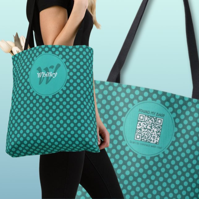 Tote Bag Thème de points chic Smart Code QR dynamique (Chic Polka Dots Theme Smart Dynamic QR Code Tote Bag Front Monogram & Name)