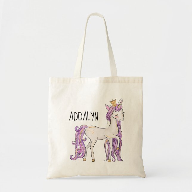 Tote Bag Tiara blanche unicorne violette personnalisée (Devant)