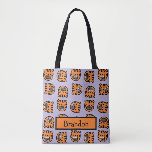 Tote Bag Tigre brun mignon visage violet motif (Devant)