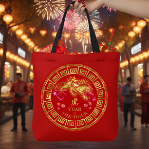 Tote Bag Tigre du Zodiaque Chinois Rouge/Or ID542