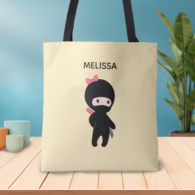 Tote Bag Tiny Ninja Girl Nom personnalisé sur Jaune (Créateur téléchargé)