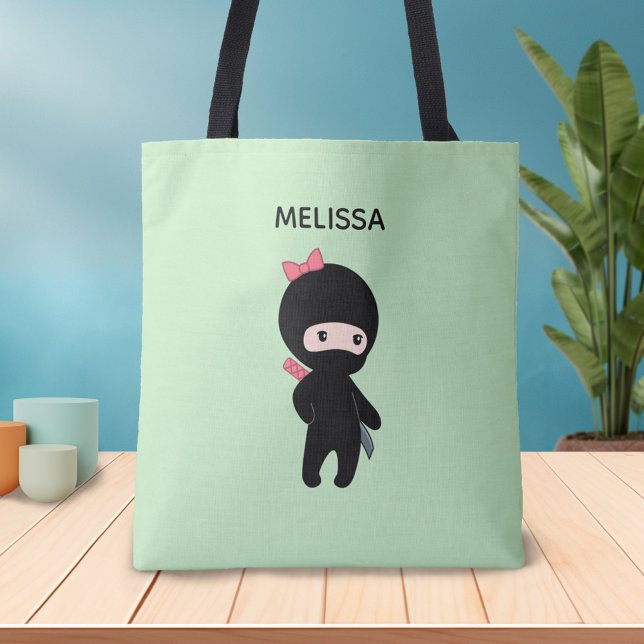 Tote Bag Tiny Ninja Girl Nom personnalisé sur vert (Créateur téléchargé)