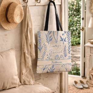 Tote Bag Tissu Toile de Jouy Française Fleur Sauvage Bleue 