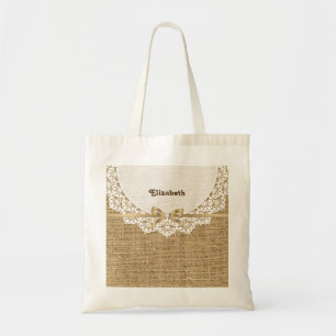 Tote Bag Toile blanche avec dentelle et lin naturel burlap