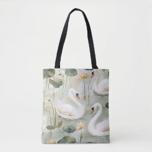 Tote Bag Toile en toile de luxe Cygne blanc et nénuphar aqu