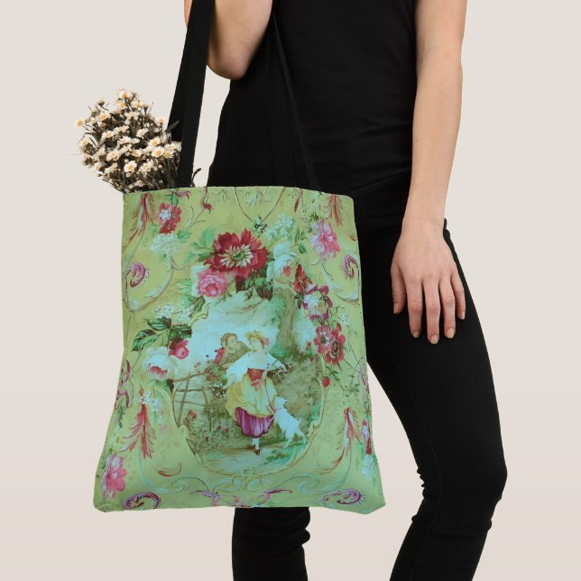 Tote Bag Toile victorienne antique Rococo Style Sage Green (De près)