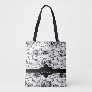 Tote Bag Toile vintage de pays noir et blanc