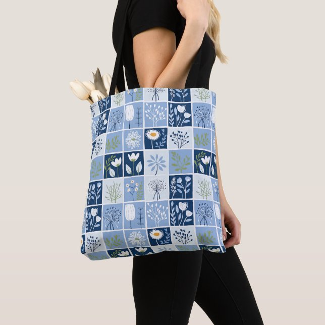 Tote Bag Tons Bleu, Blanc, Jaune Faux Patchwork (De près)