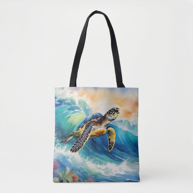 Tote Bag Tortue de mer à cheval une vague vibrante aquarell (Devant)
