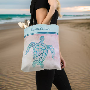 Tote Bag Tortue de mer bleu sarcelle à l'aquarelle sur mono