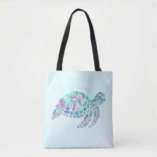 Tote Bag Tortue de mer rose et Turquoise sur bleu