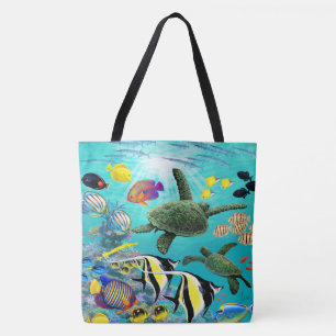 Tote Bag Tortue de mer tropicale hawaïenne de poissons de