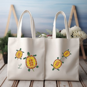 Tote Bag Tortues de jardin dessinées à la main initiale per
