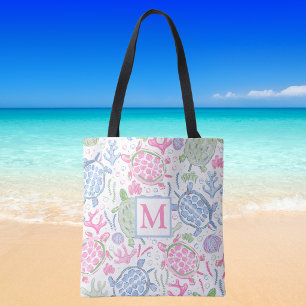 Tote Bag Tortues de mer à l'aquarelle Monogramme océan côti