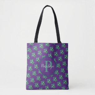 Tote Bag Tortues de mer vertes Motif sur violet avec Monogr