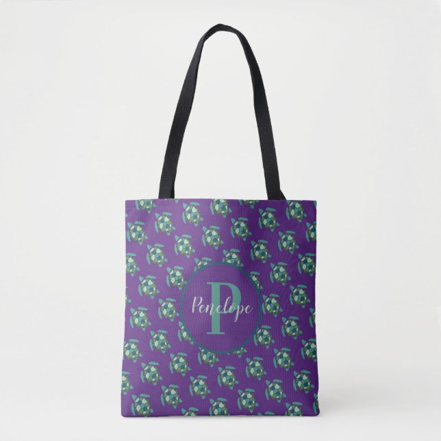 Tote Bag Tortues de mer vertes Motif sur violet avec Monogr (Devant)