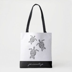 Tote Bag Tortues tribales argentées Monogramme côtier bla