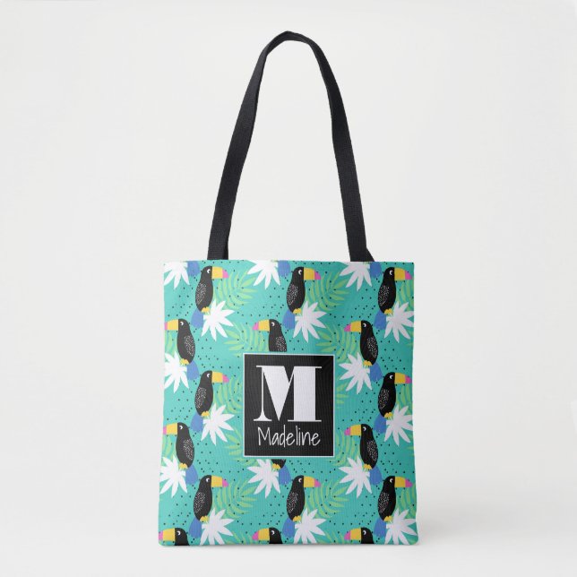Tote Bag Toucans sur Turquoise | Monogramme (Devant)