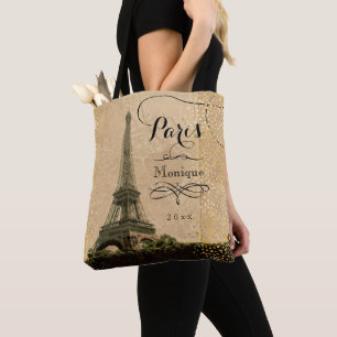 Tote Bag Tour Eiffel Paris Beige Faux Gold Monogramme Nom
