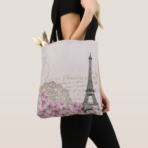 Tote Bag Tour Eiffel vintage Paris France Romance Rose