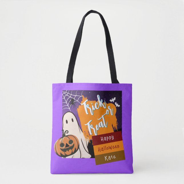 Tote Bag tour ou traitement, nom, halloween orange Citrouil (Devant)
