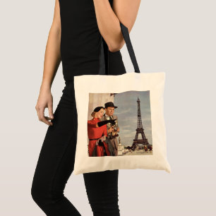 Tote Bag Touristes vintages voyageant à Paris Tour Eiffel