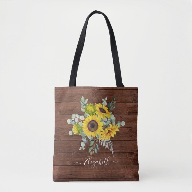 Tote Bag Tournesol floral aquarelle en bois rustique (Devant)