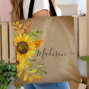 Tote Bag Tournesol Rustique Campagne Toile de Jute Nom Pers