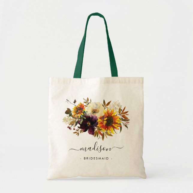 Tote Bag Tournesol rustique Floral Aquarelle Nom Bridesmaid (Devant)