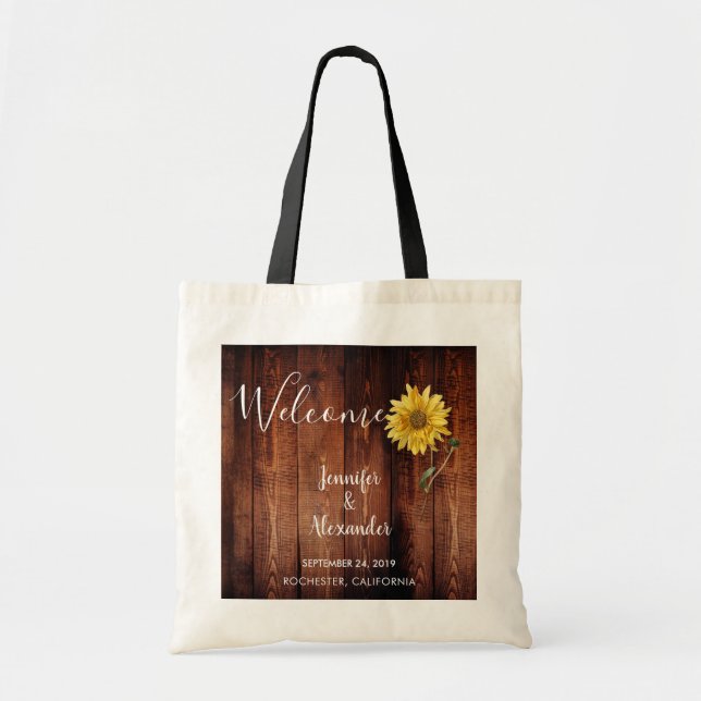 Tote Bag Tournesol rustique sur bois mariage de bienvenue (Devant)