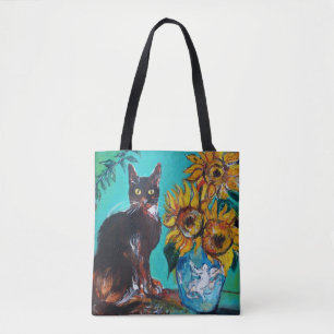 TOTE BAG TOURNESOLS AVEC CHAT NOIR EN TURQUOISE BLEU