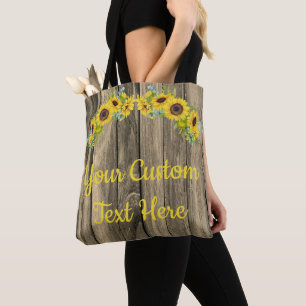 Tote Bag Tournesols en bois gris rustique personnalisé Text