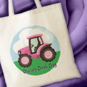 Tote Bag Tracteur de ferme rose personnalisé pour enfants m