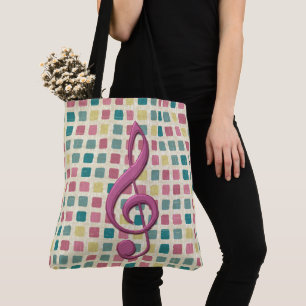 Tote Bag Treble Clef Mosaic Motif rose et Turquoise
