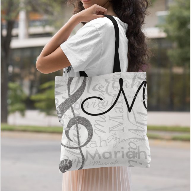 Tote Bag Treble Clef Music Note Monogramme avec nom blanc (musical note & name)