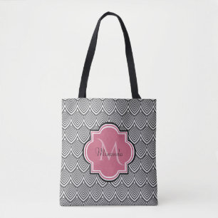 Tote Bag Trendy Black Arched Scallops Pink Monogramme Nom