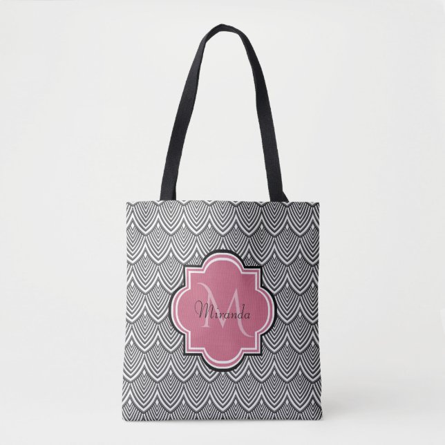 Tote Bag Trendy Black Arched Scallops Pink Monogramme Nom (Devant)