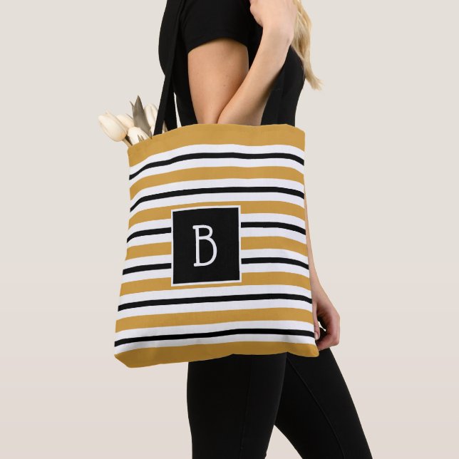 Tote Bag Trendy Monogrammed Yellow, Black & White Stripe (De près)