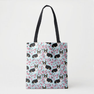 Tote Bag Tri fleurs de cerisier de corgi - bleu