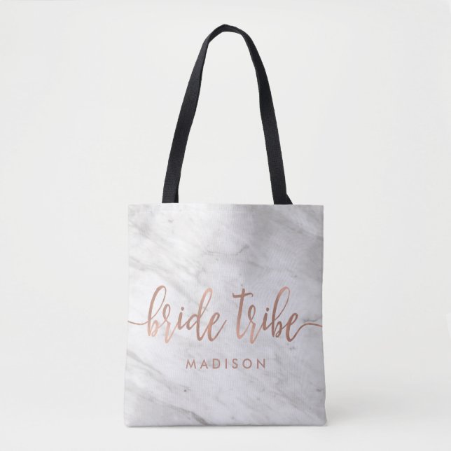 Tote Bag Tribe de mariée Marbre blanc et Rose Gold Monogram (Devant)