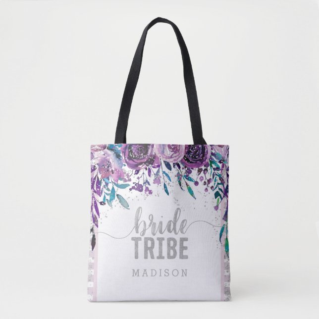 Tote Bag Tribu des mariées de fleurs pourpres et d'argent C (Devant)