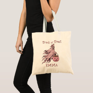 Tote Bag Trick or Treat Vintage Fantôme Rose Nom Personnali